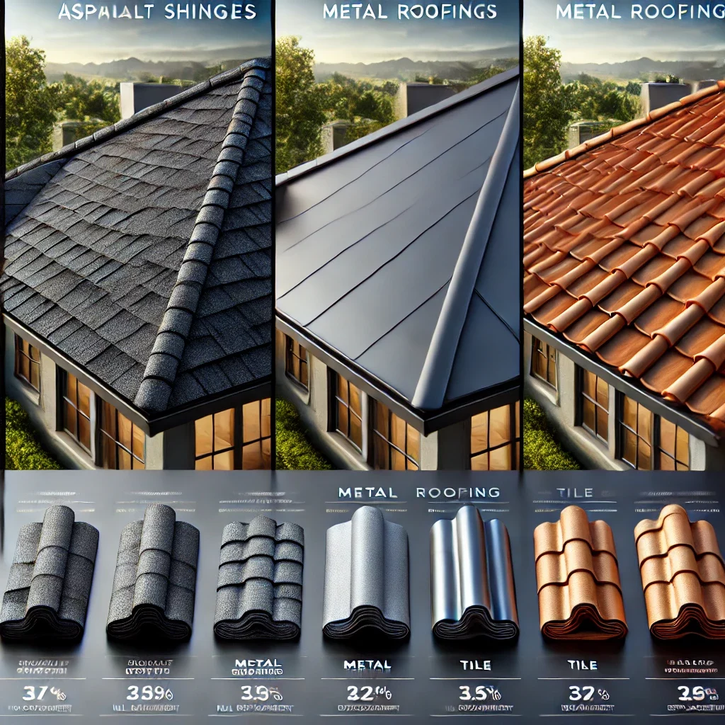 A detailed side-by-side comparison of three different roof types—asphalt shingles, metal roofing, and tile roofing—displayed in a realistic setting. Each section showcases a close-up of the roofing material on a house, highlighting differences in texture, color, and durability. Below each section, insurance coverage details such as cost, lifespan, and likelihood of full replacement are visually represented. The background features a bright, natural daylight setting.