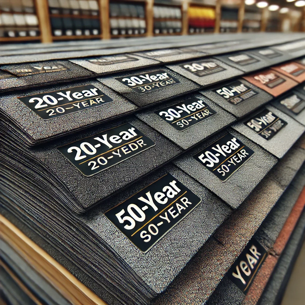A high-resolution image showing different grades of asphalt shingles labeled as 20-year, 30-year, and 50-year on a roofing supply store counter with clear texture and thickness details.