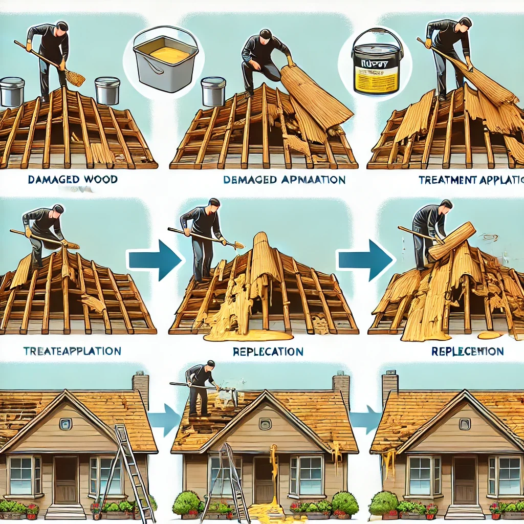 Step-by-step visual guide to roof rot repair, illustrating the process from removing damaged wood, applying treatment, and replacing roofing materials. Each stage is depicted with a worker handling the restoration process on a wooden roof structure, progressing to a fully repaired house with new roofing.