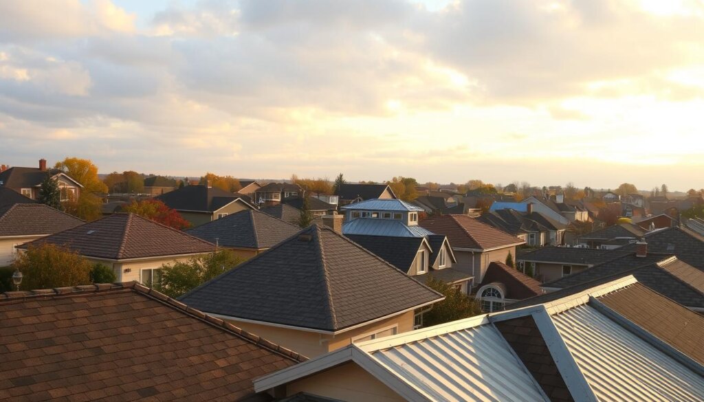 sunset view of neighborhood roofs with different roofing styles