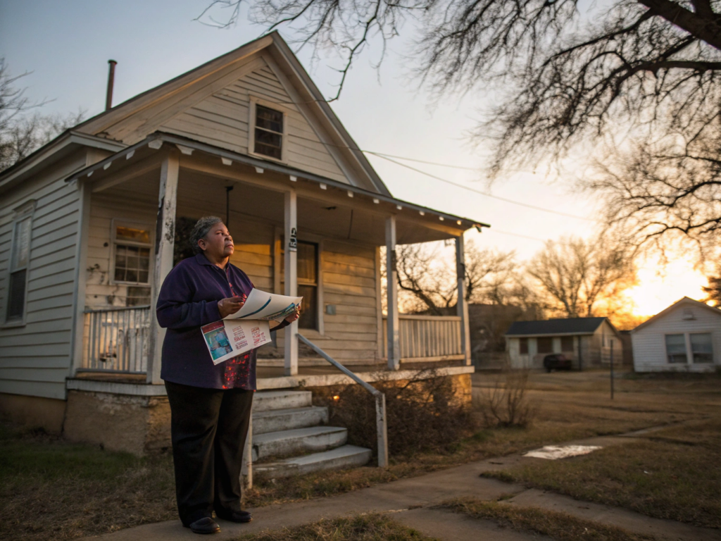Adult child standing outside inherited Texas home after parent's passing, reflecting on probate and next steps