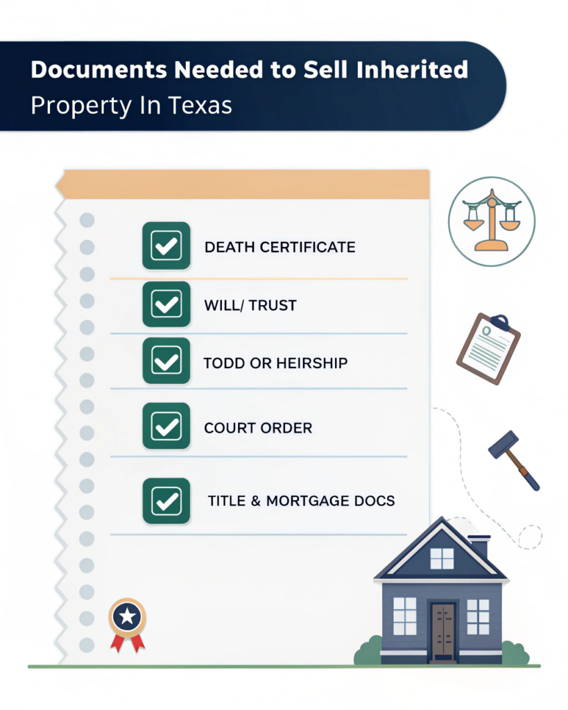 Checklist of documents needed to sell an inherited property in Texas, including death certificate and title paperwork