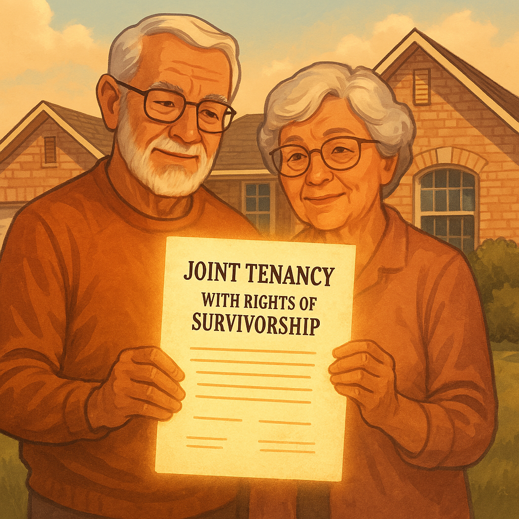 Elderly couple holding joint tenancy deed with house in background, symbolizing property transfer without probate