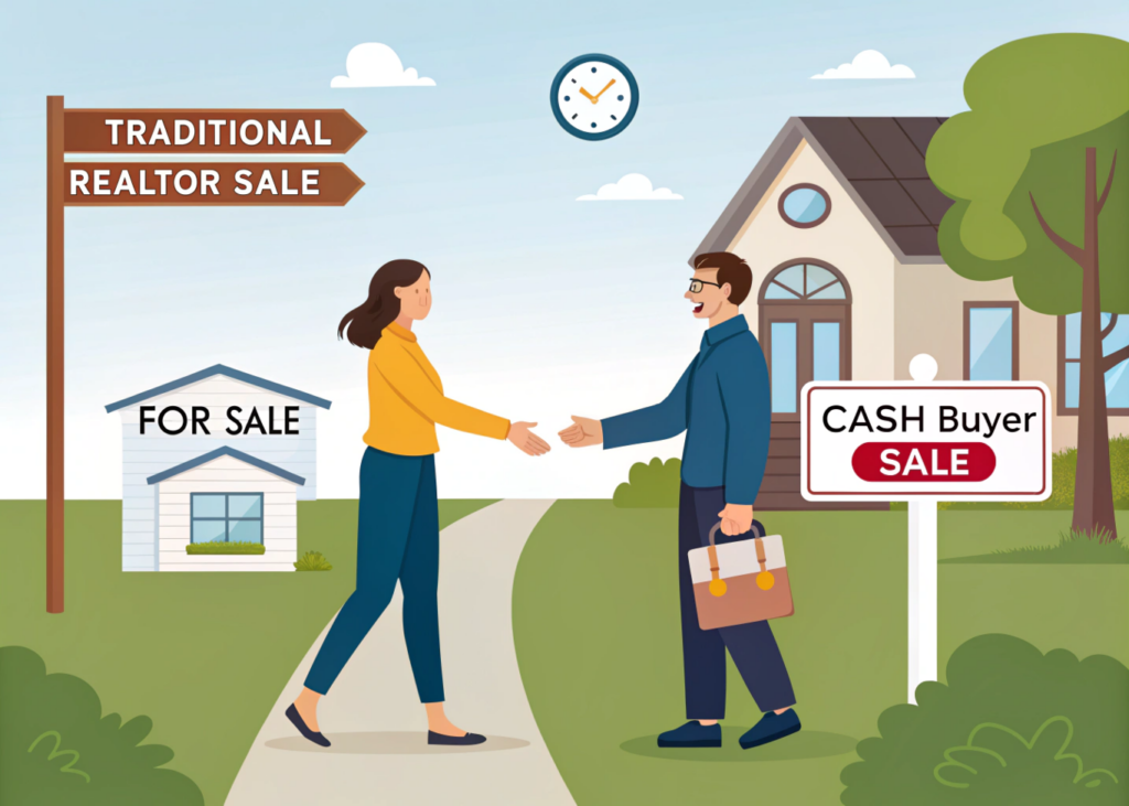 Side-by-side image comparing traditional realtor home sale and fast cash buyer offer for inherited Texas property