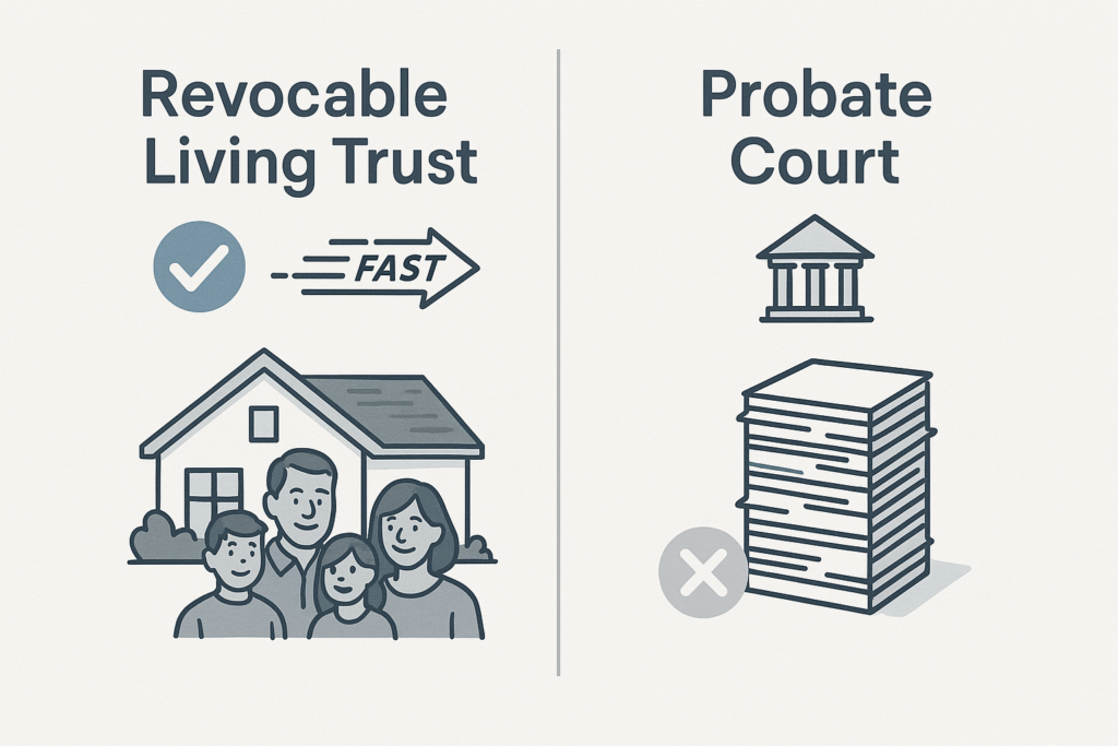 Graphic comparing living trust and probate process for inherited property in Texas