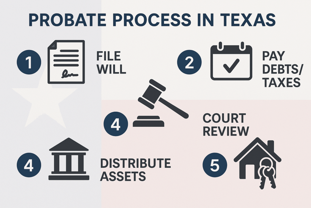 Infographic style chart showing 5 steps of the probate process in Texas: 1. File Will, 2. Appoint Executor, 3. Pay Debts/Taxes, 4. Court Review, 5. Distribute Assets. Clean, professional layout with icons for legal documents, gavel, calendar, and house keys. Color scheme: blue, gray, and white. Texas flag subtly in the background