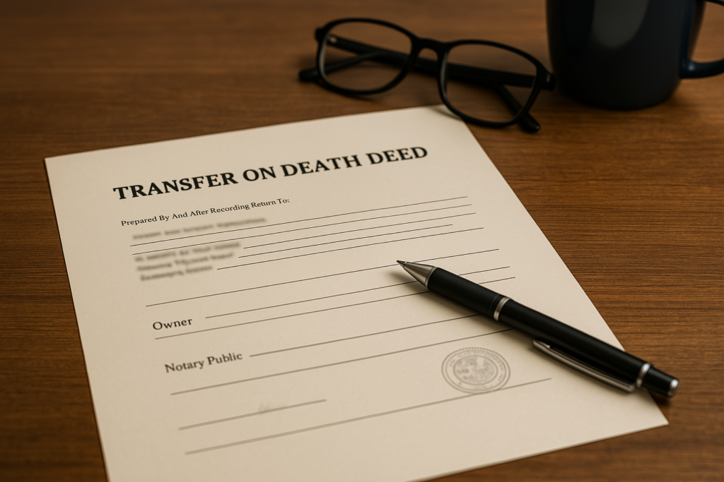 Transfer on Death Deed document with Texas county notary stamp, pen and legal paperwork on desk