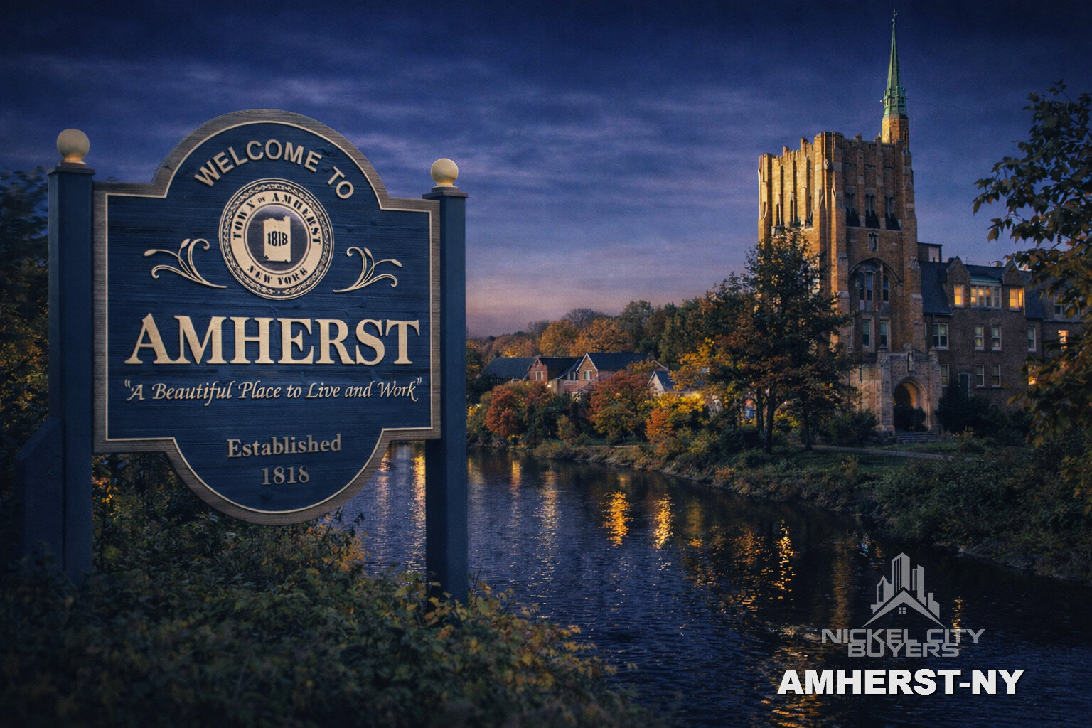 Welcome to Amherst NY sign established 1818 A Beautiful Place to Live and Work with UB Gothic tower reflected in pond at blue hour — we buy houses Amherst NY