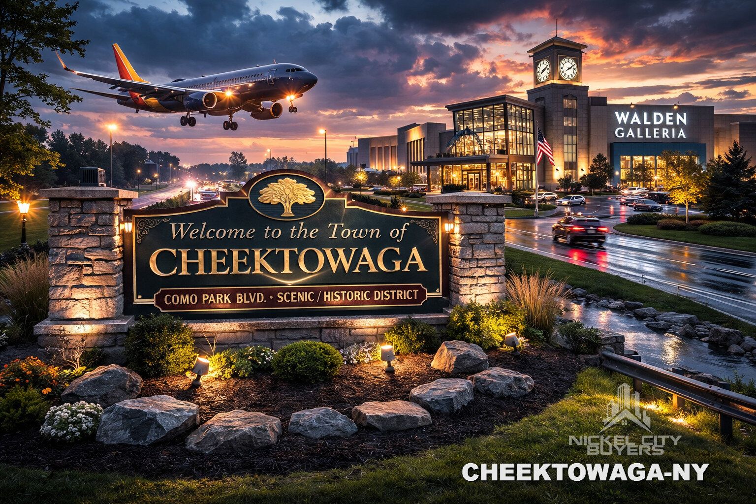 Welcome to the Town of Cheektowaga sign at dusk on Como Park Blvd with Walden Galleria and Southwest Airlines jet on approach — we buy houses Cheektowaga NY