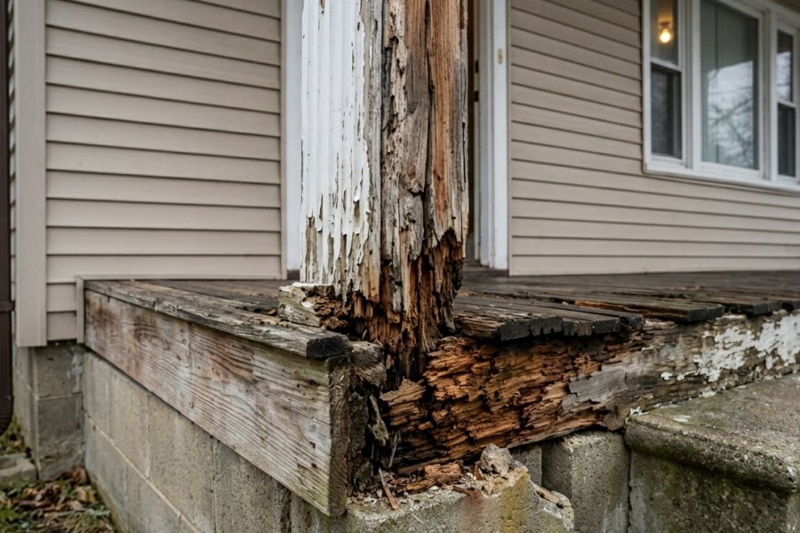 Rotted porch post base at grade level on older Buffalo NY home — load-bearing structural hazard common in WNY pre-1960 housing stock