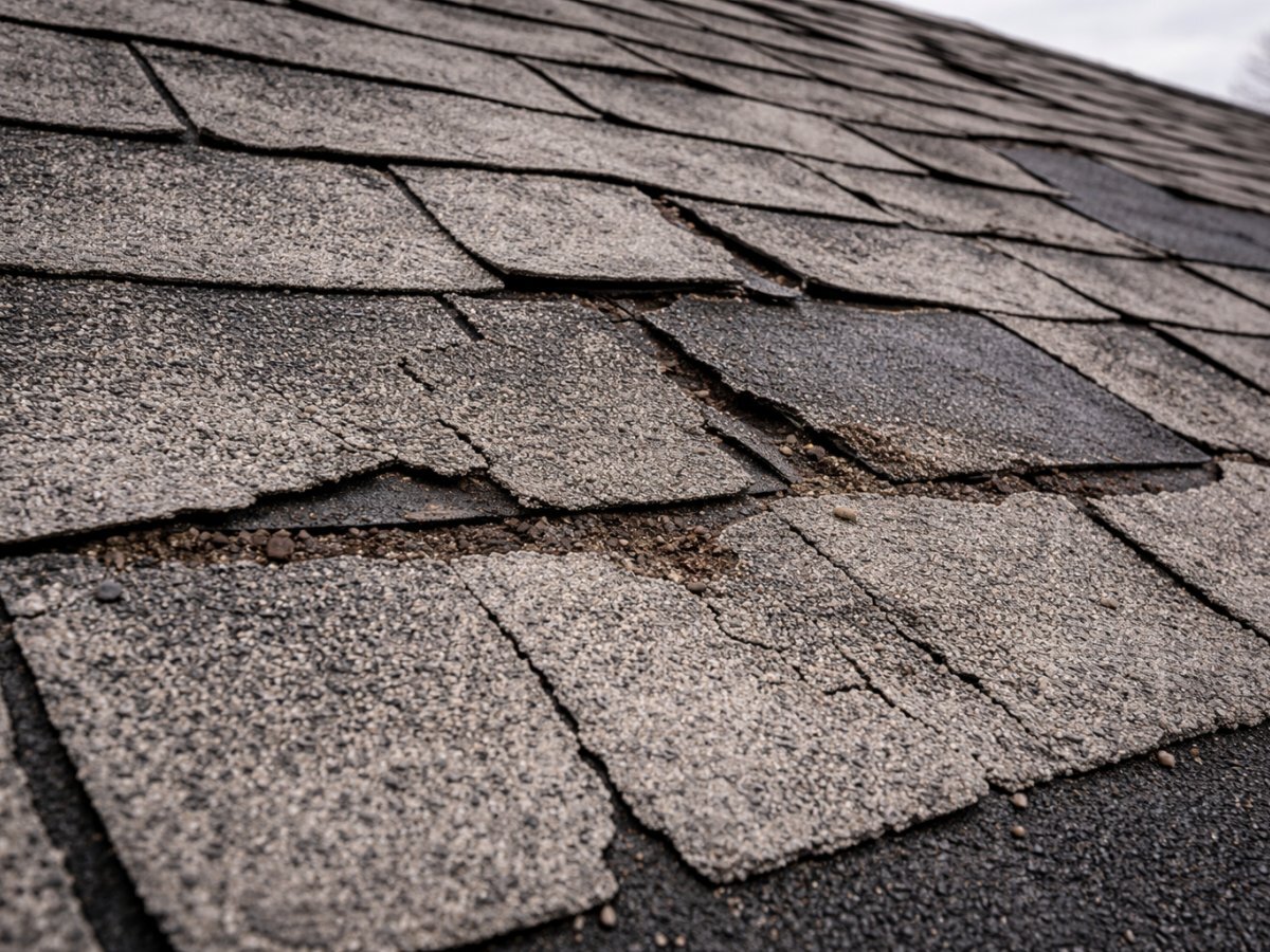Missing and curling shingles on aging Buffalo NY roof after storm — insurance claim denied for wear and tear