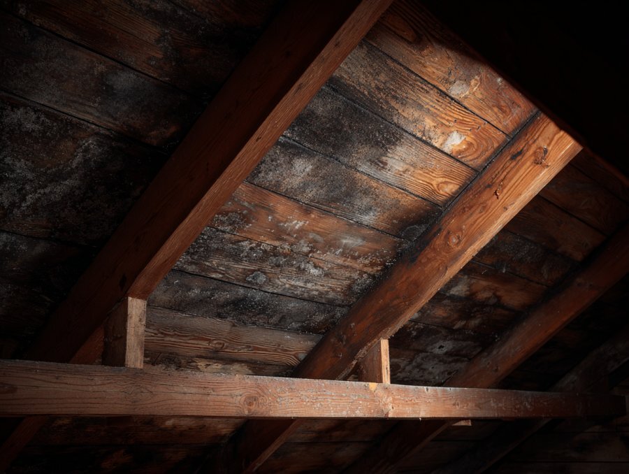 Attic sheathing with water staining and mold growth from chronic ice dam damage — pre-1970 Buffalo NY home