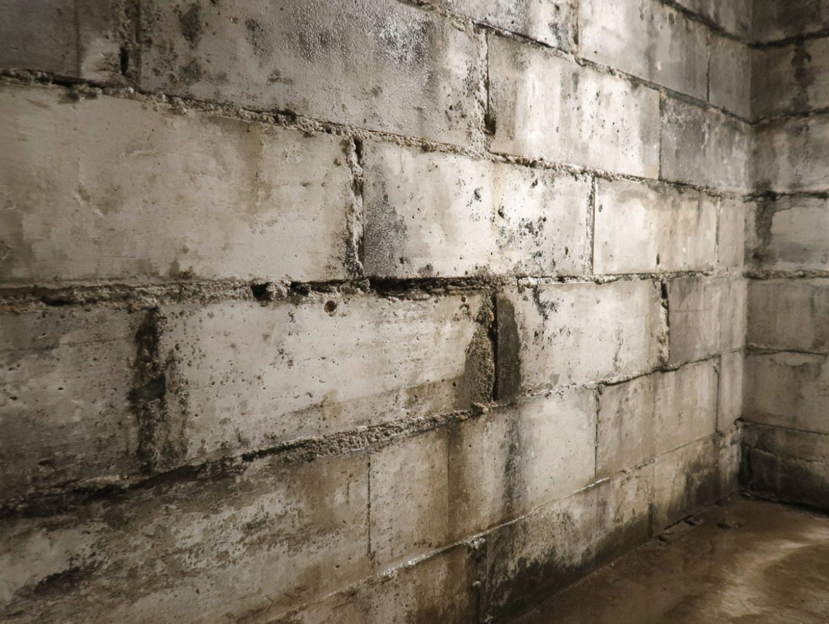 Concrete block basement wall with efflorescence and water seepage in pre-1960 Erie County NY home