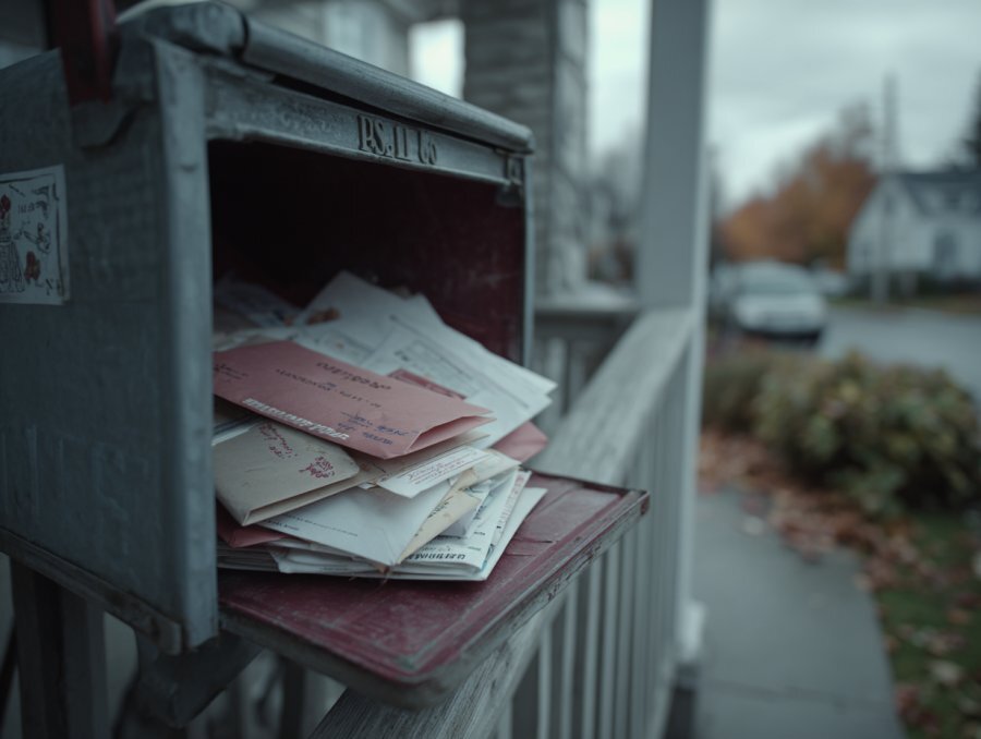 Overflowing mailbox stuffed with official notices on a Buffalo NY residential porch — financial pressure accumulating