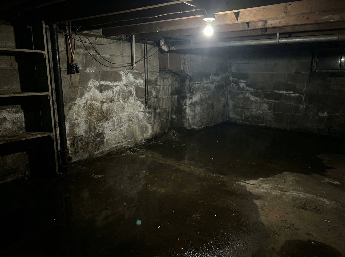 Water-damaged basement with standing water and efflorescence on block foundation walls — Buffalo NY home