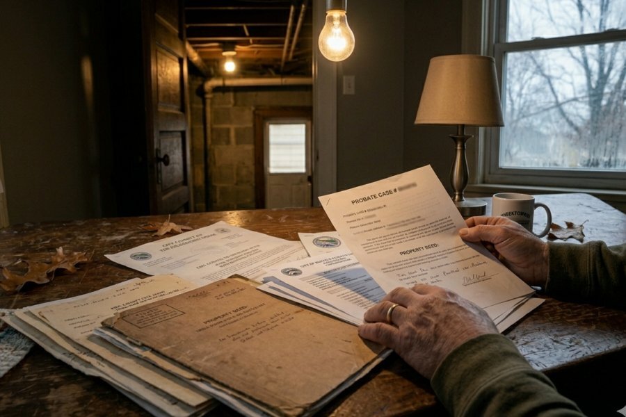 Executor reviewing estate documents and property deed — the administrative burden of managing an inherited Buffalo NY rental property through Erie County probate