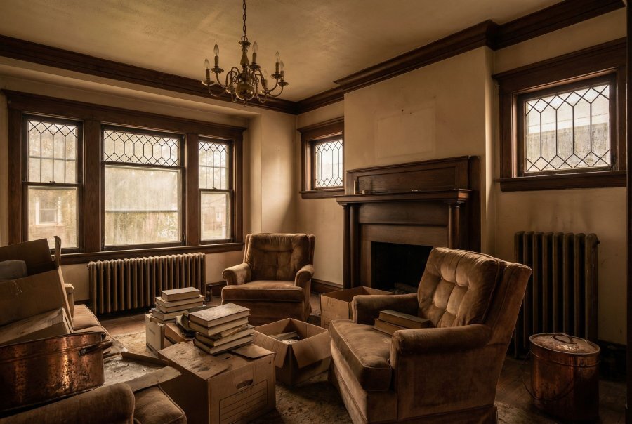 Vacant inherited rental unit interior in Buffalo NY — worn woodwork and dated fixtures typical of pre-1960 Erie County rental stock heirs sell to NCB as-is