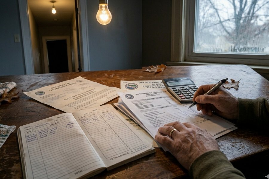 Landlord calculating eviction costs with legal bills and rent ledger — the $15,000 to $20,000 reality of completing an Erie County eviction proceeding