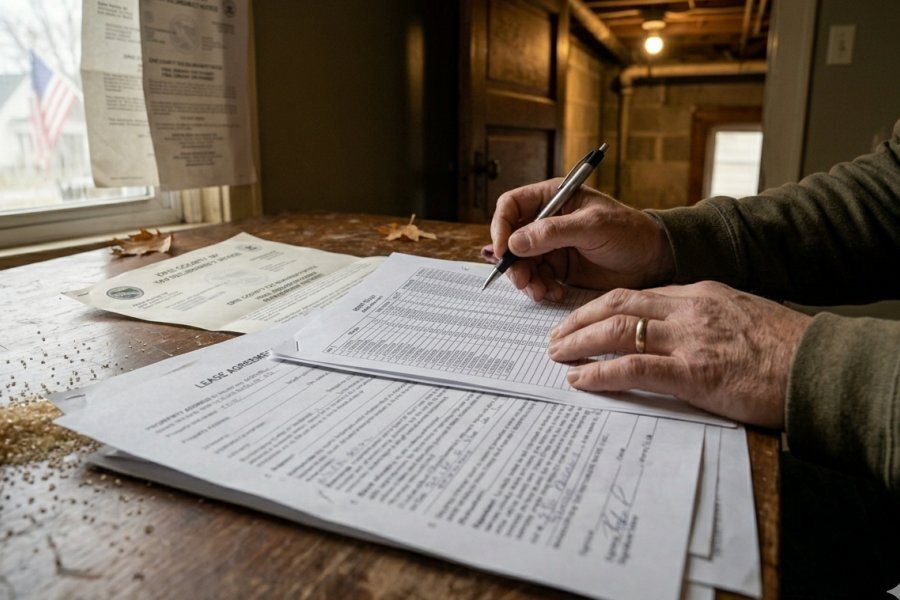 Landlord reviewing rent roll and lease documents at a table — the documentation burden of selling an occupied Buffalo NY rental property