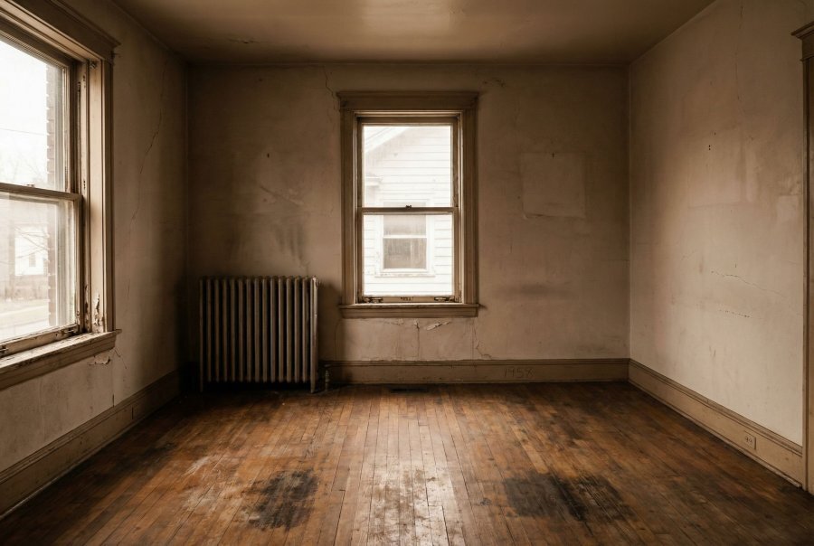 Vacant pre-1960 rental unit interior in Buffalo NY — worn hardwood floors and plaster walls typical of Erie County rental stock with deferred maintenance