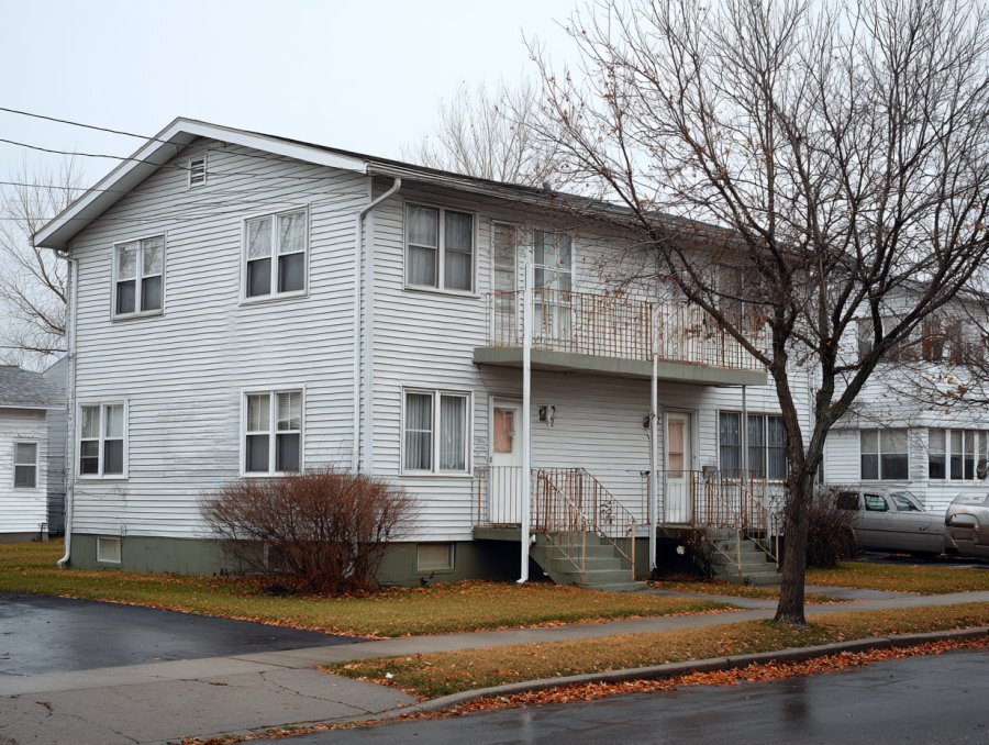 Modest multi-family rental building in Cheektowaga NY in late autumn — Erie County investment property NCB purchases from landlords ready to sell