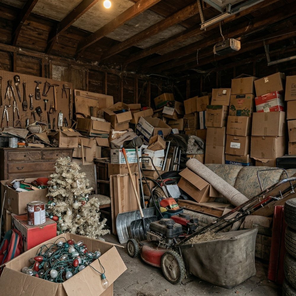 Cluttered garage Buffalo NY before cleanout junk removal service
