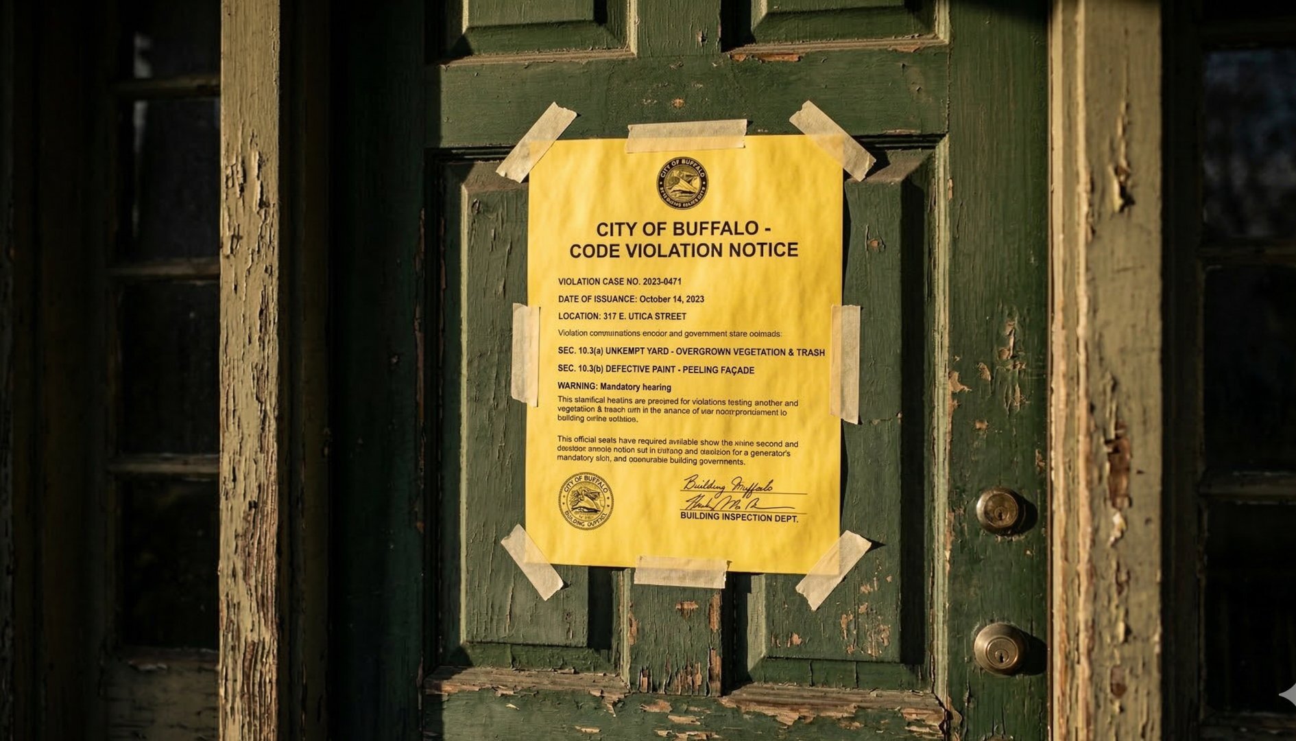 City of Buffalo code violation notice posted on door