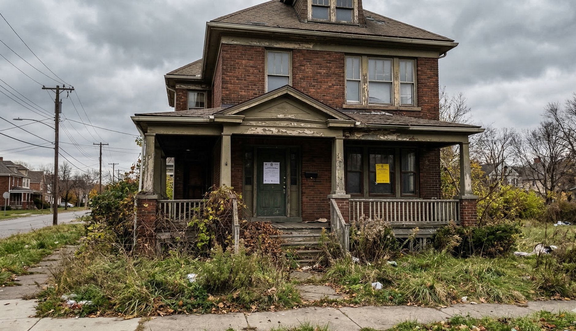 Neglected Buffalo NY home with code violation notices and overgrown yard