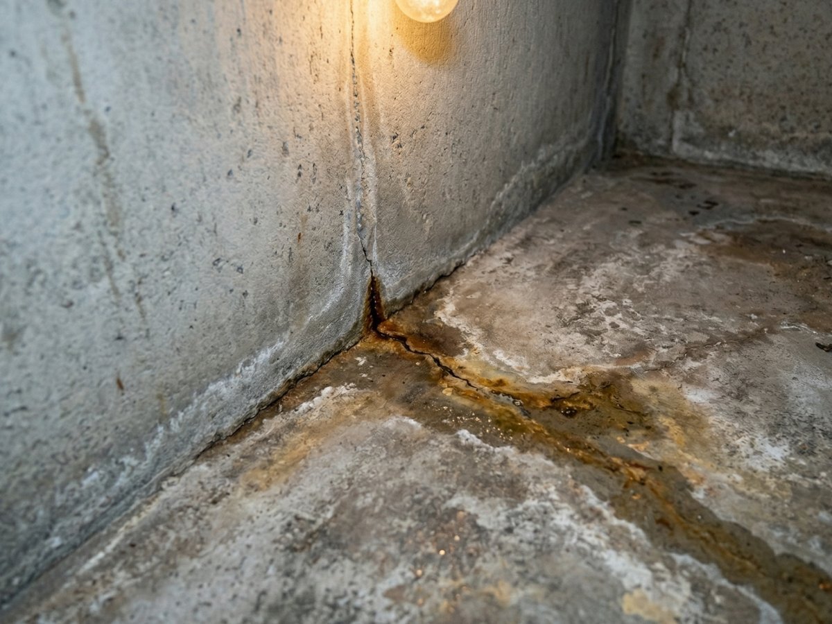 Cove joint failure with mineral-stained water seeping through basement floor — pre-1970 Buffalo NY home
