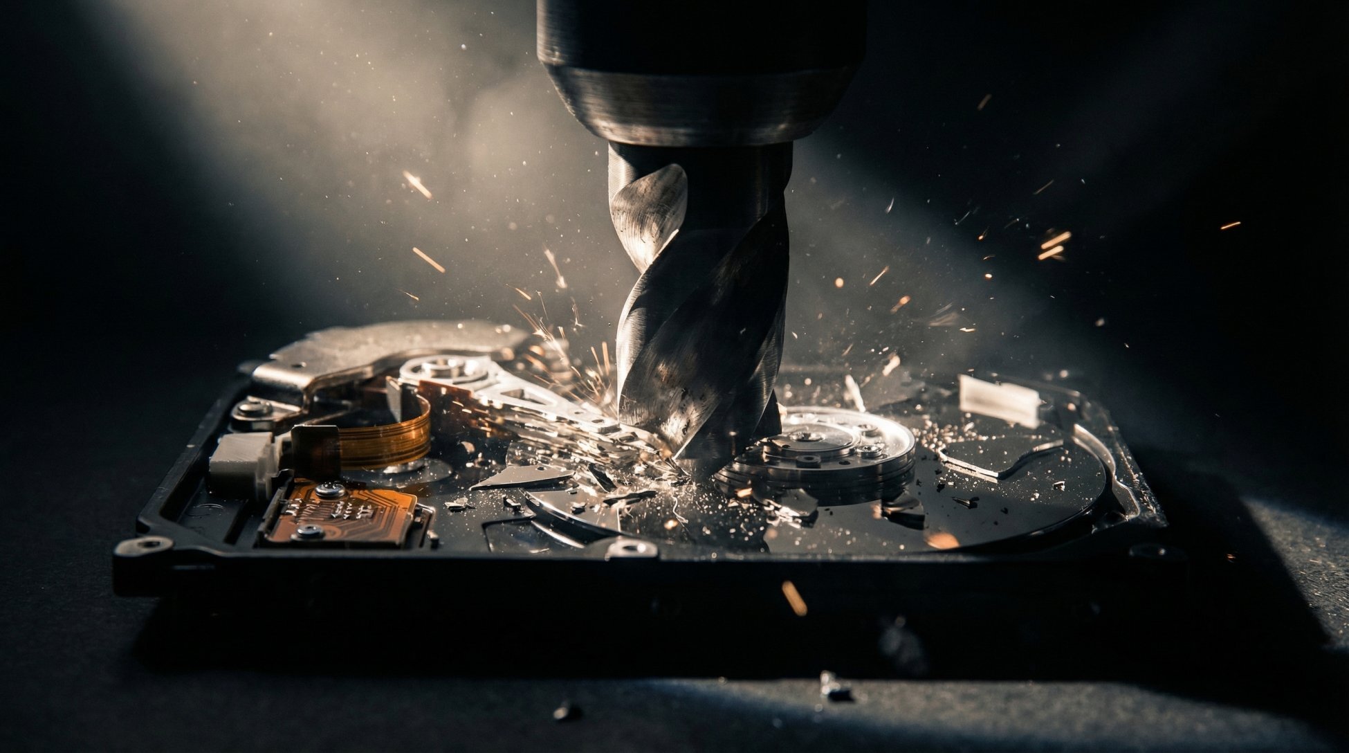 Hard drive being destroyed before electronics recycling — protecting personal data during e-waste disposal in Buffalo and Western New York