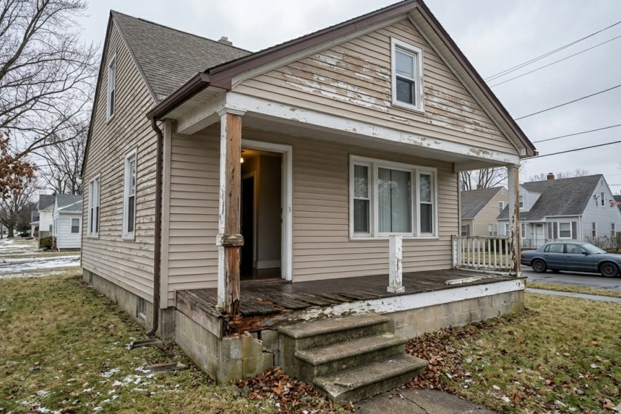 Deferred maintenance visible on older South Buffalo NY home — peeling paint, worn siding and aging porch common in pre-1960 WNY housing stock