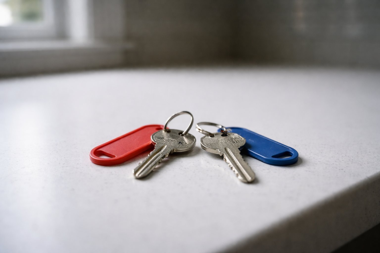 Two house keys with red and blue tags on counter — selling house during divorce Buffalo NY