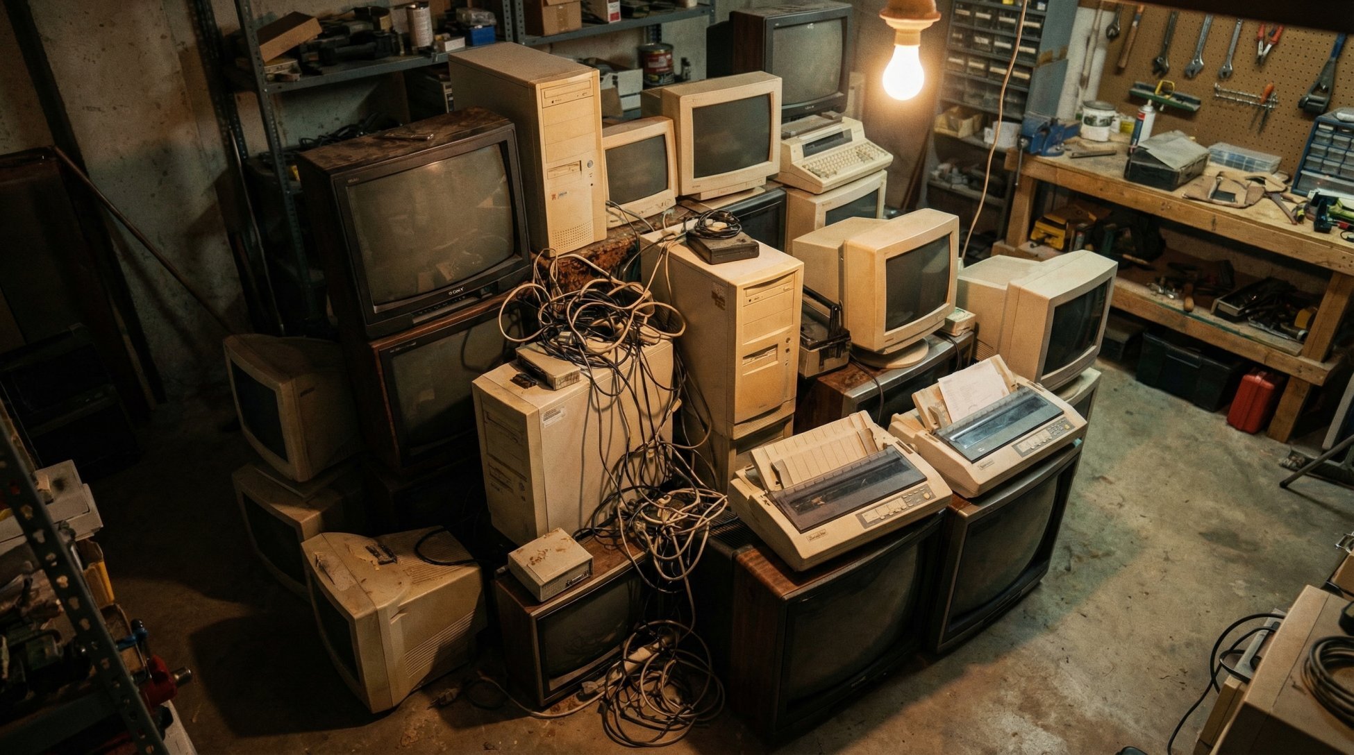 Pile of old TVs, computers, monitors and electronics ready for recycling in a Buffalo NY home — e-waste disposal guide for Western New York