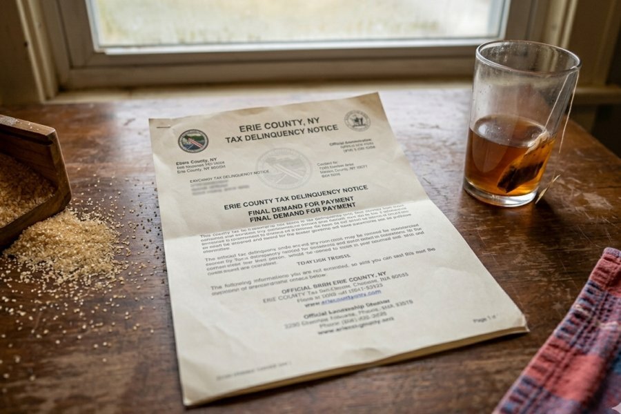 Erie County property tax delinquency notice on kitchen table — tax lien accumulating on Buffalo NY home
