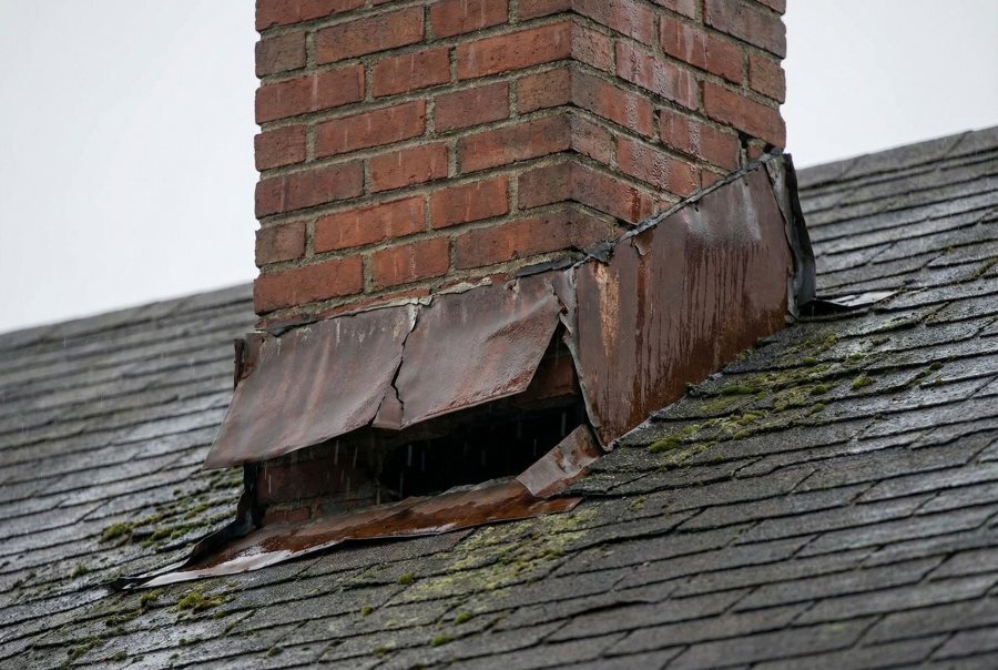 Failed chimney flashing with cracked sealant and separated metal — common roof leak source in older Buffalo NY homes