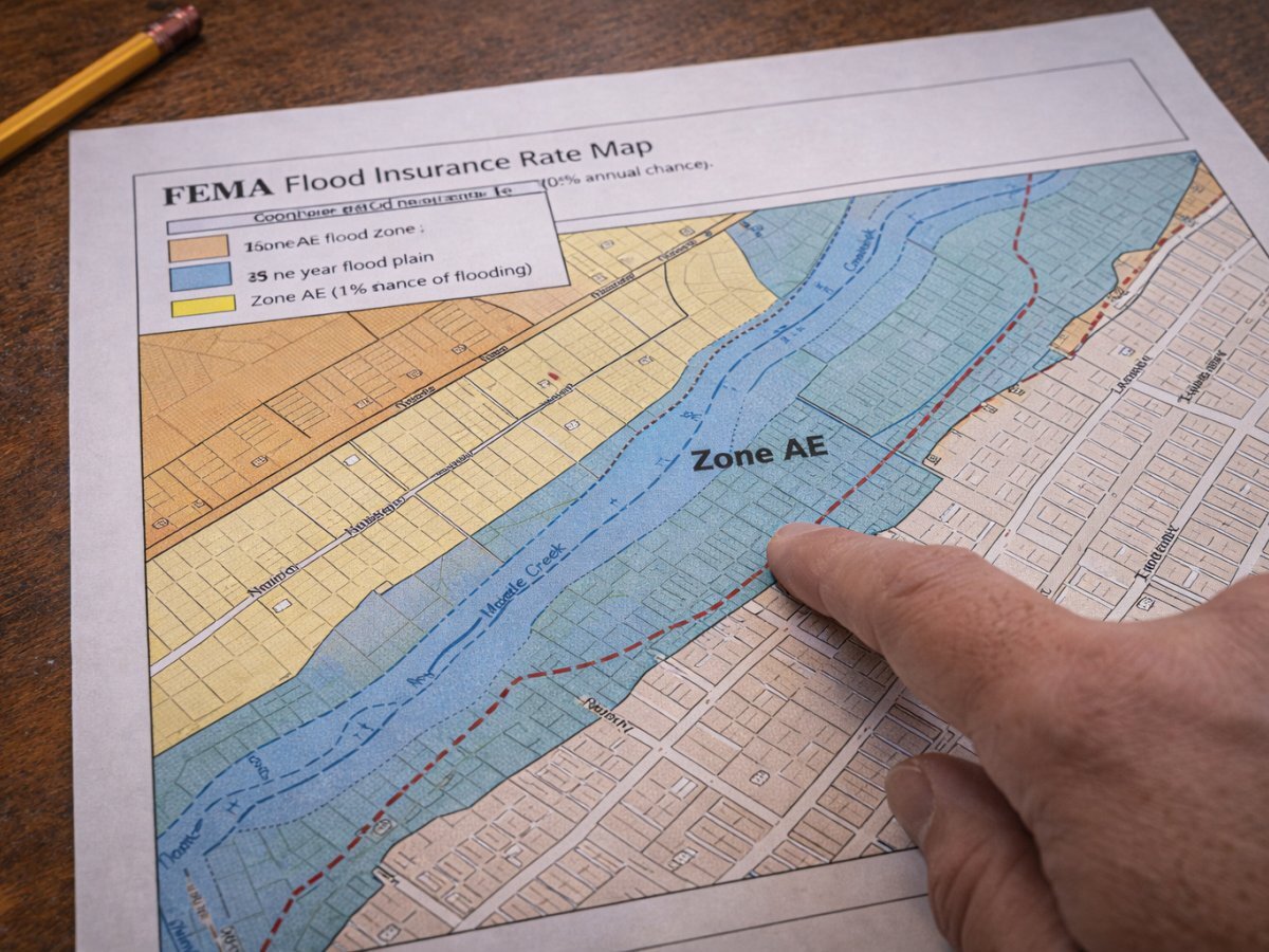FEMA flood map showing Zone AE designation for Erie County NY neighborhood near creek corridor