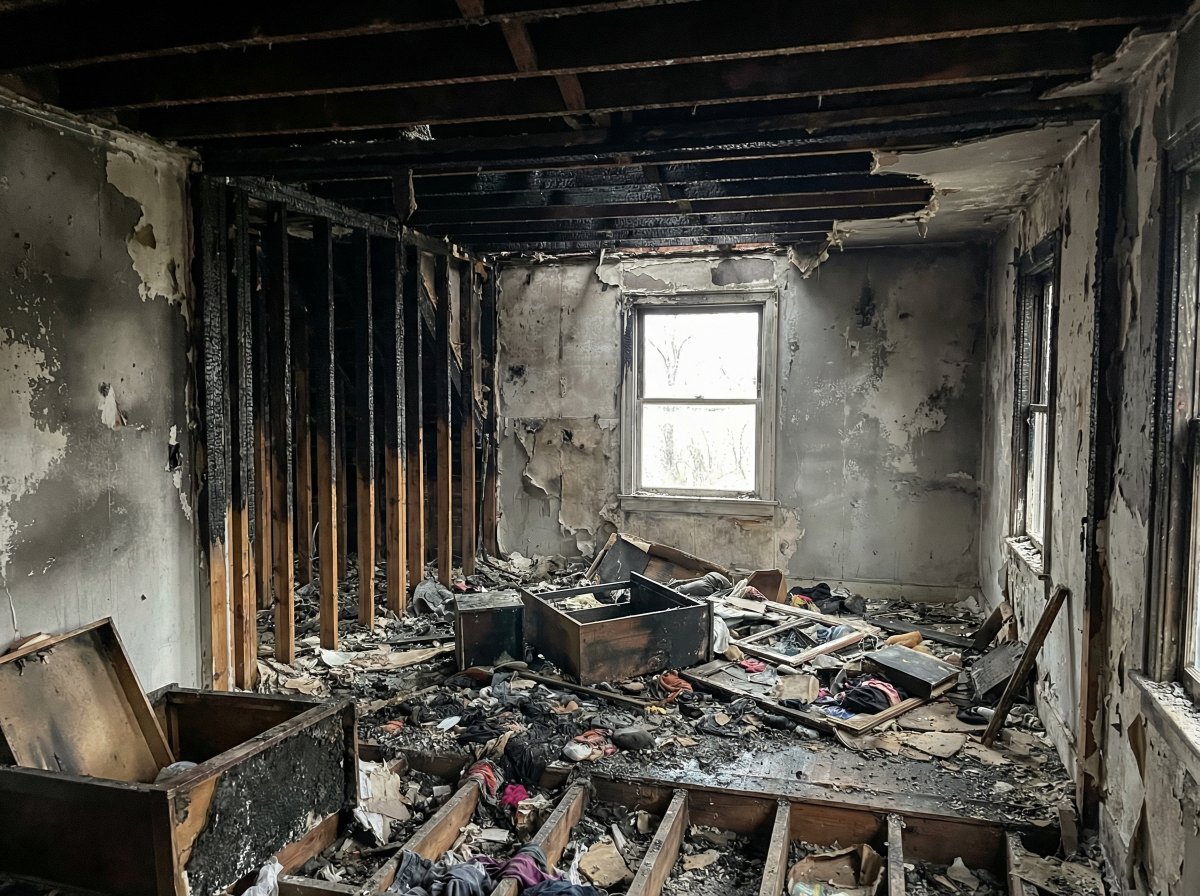 Fire-damaged interior ceiling and walls — Buffalo NY home structural damage after house fire