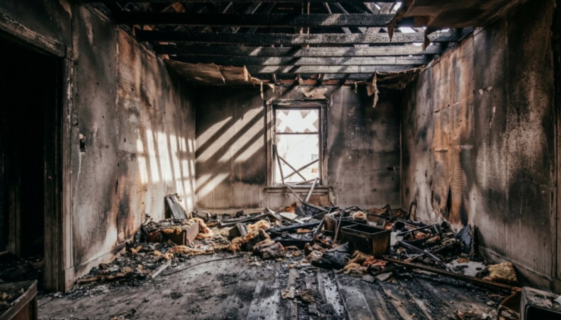 Fire damaged interior of Buffalo NY home with charred walls and exposed rafters