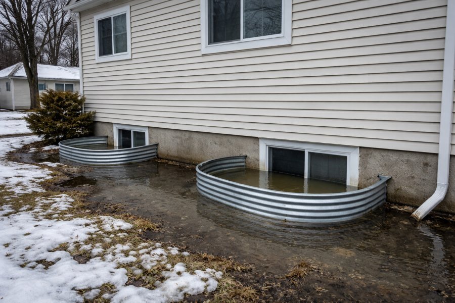 Flooded basement window well filled with spring snowmelt — common drainage problem in South Buffalo and Cheektowaga NY