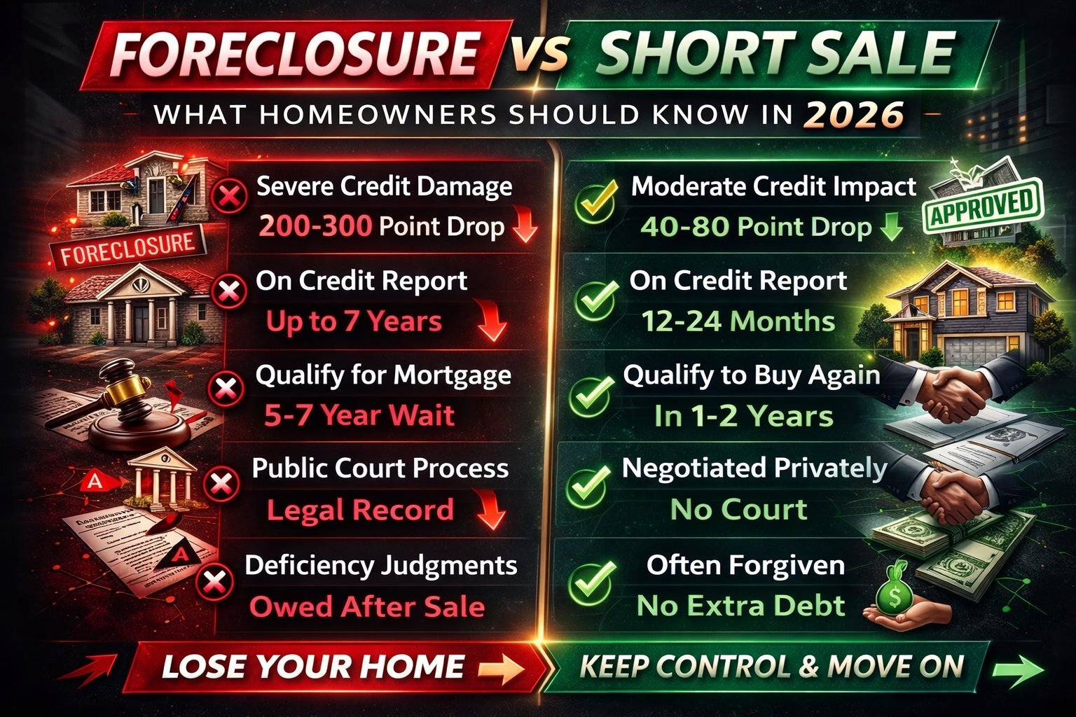 Foreclosure vs Short Sale comparison infographic 2026 — credit score impact, credit report duration, mortgage wait, court process, deficiency judgment — Buffalo NY Nickel City Buyers