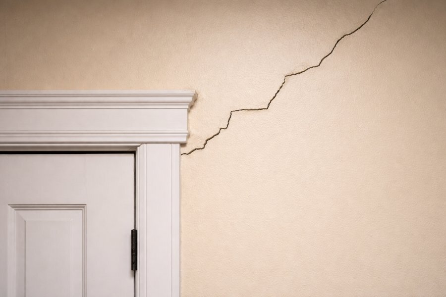 Diagonal stair-step crack from door frame corner indicating foundation settlement — Erie County NY home