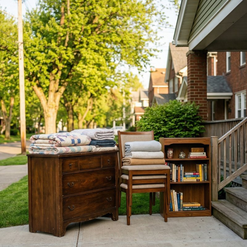 Furniture and household items ready for free donation pickup on a Buffalo NY home porch