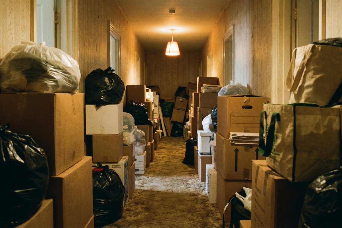 Narrow hallway packed with belongings in Buffalo NY hoarder property