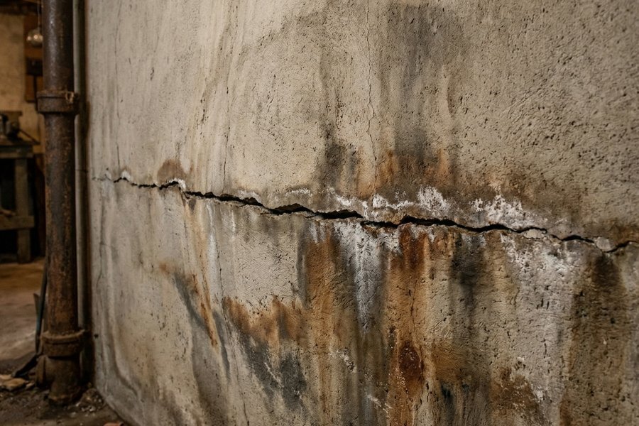 Horizontal crack in poured concrete basement wall of Western New York home indicating lateral soil pressure