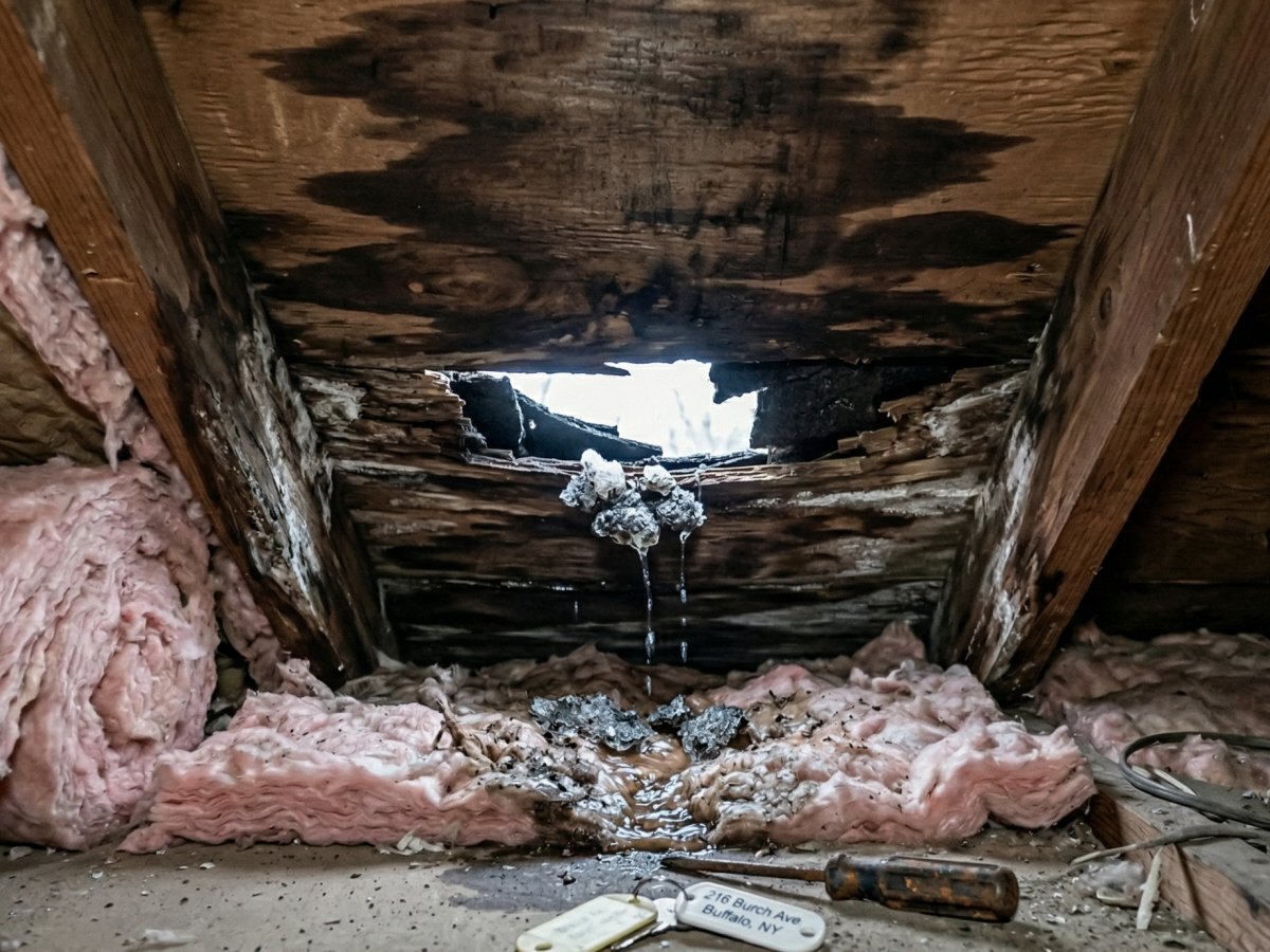 Ice dam damage with water staining on ceiling and attic sheathing — Buffalo NY home insurance claim