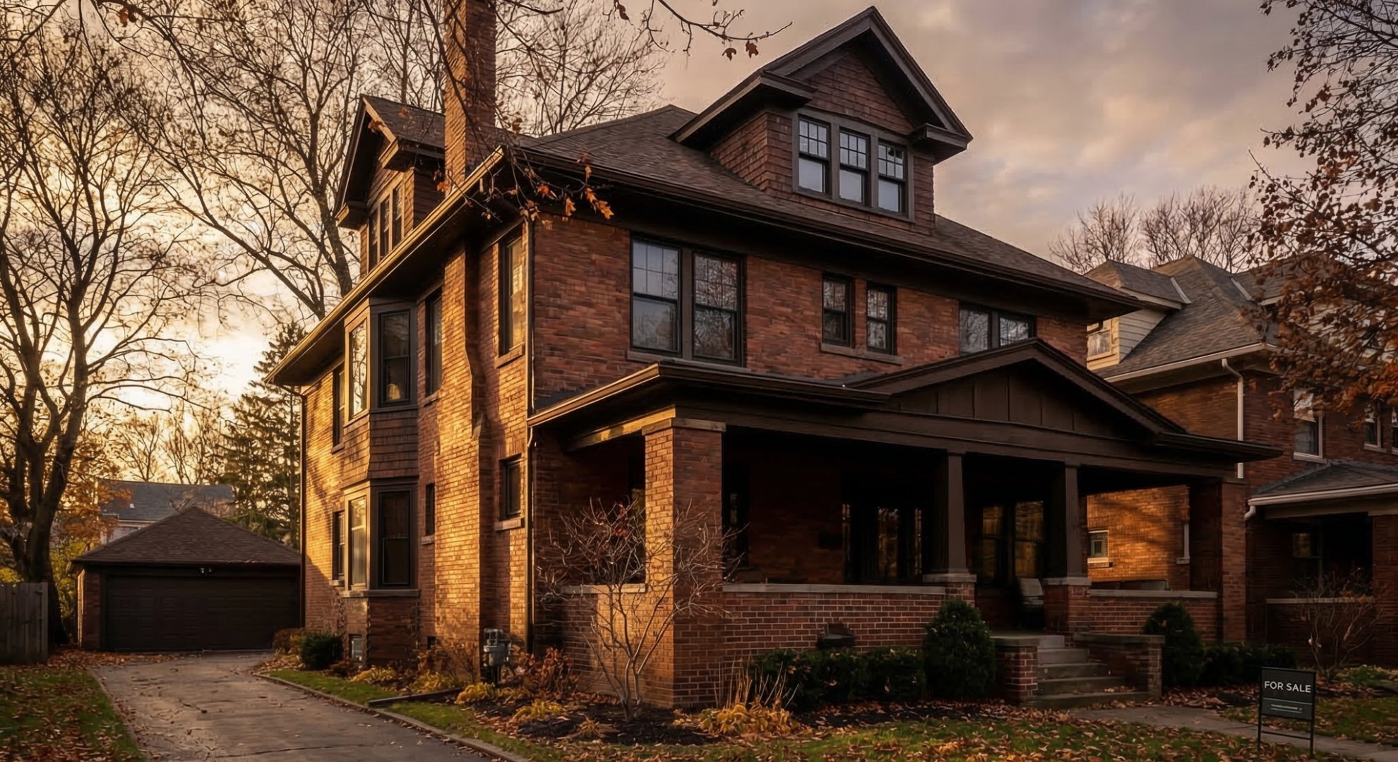 Older brick craftsman home in Buffalo NY with autumn leaves — inherited property