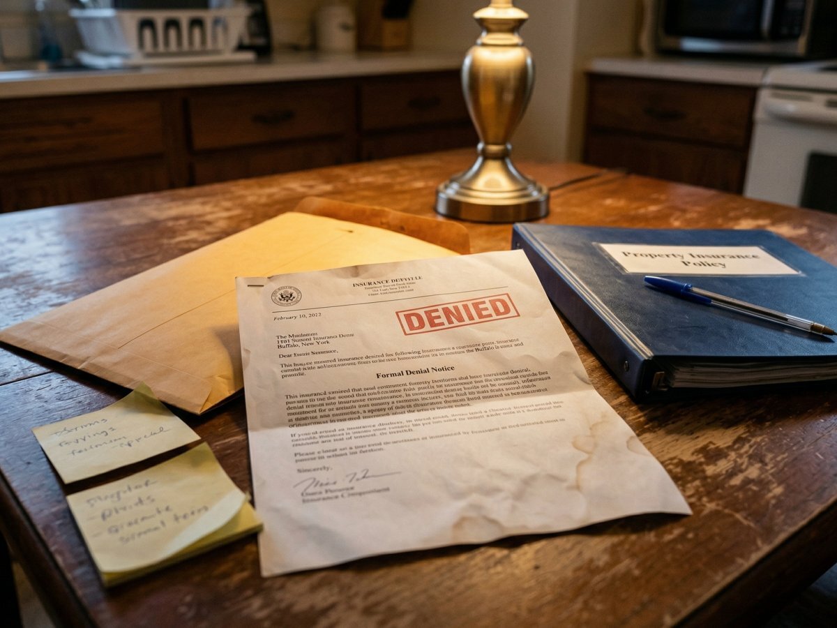 Insurance denial letter and claim documents on table — Buffalo NY homeowner fire claim dispute