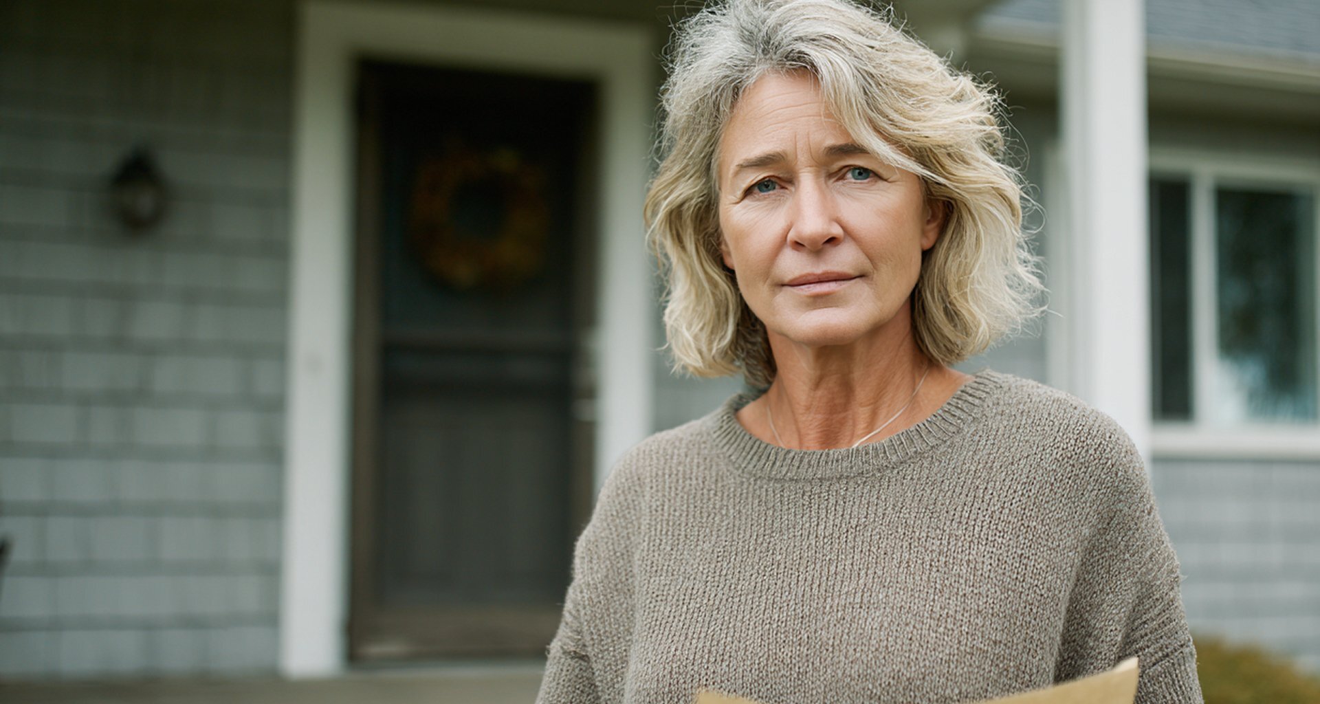 Buffalo NY homeowner holding insurance documents outside 1950s vinyl-sided Cape Cod — insurance problems selling house