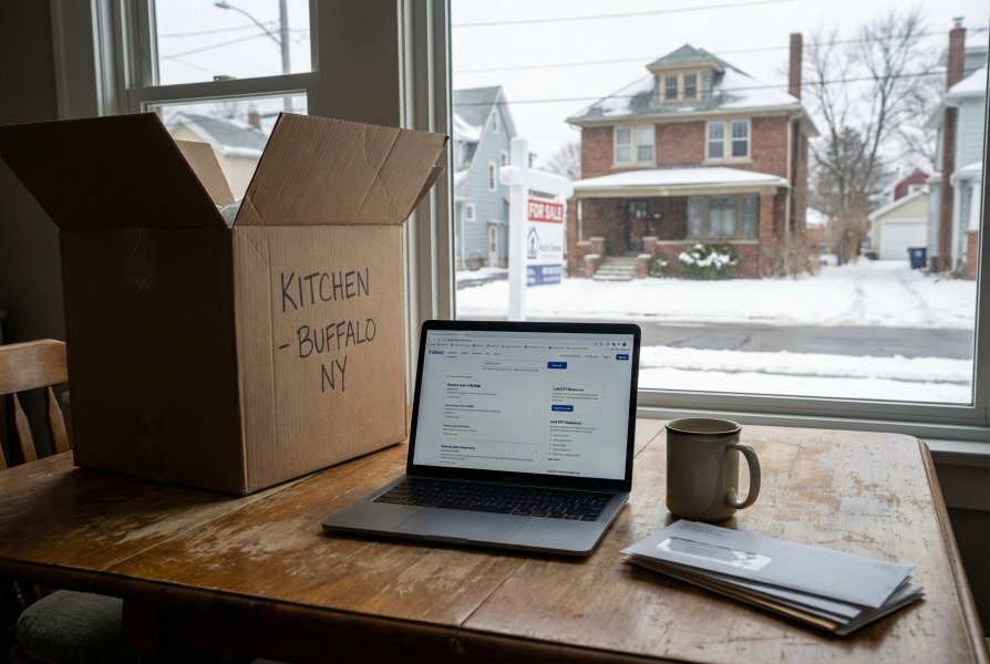 Cardboard moving box next to laptop showing job search — job loss and housing decisions converging for Buffalo NY homeowner