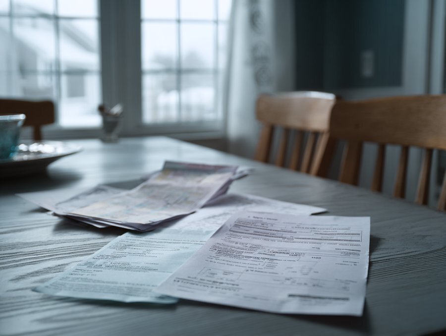 Stack of judgment notices and collection letters on a table — debt and lien documents that attach to Buffalo NY property